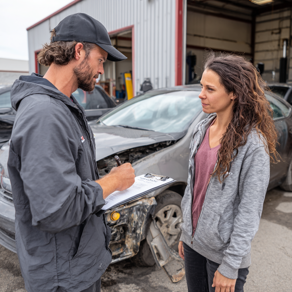 Estimator working with a customer in an auto body shop